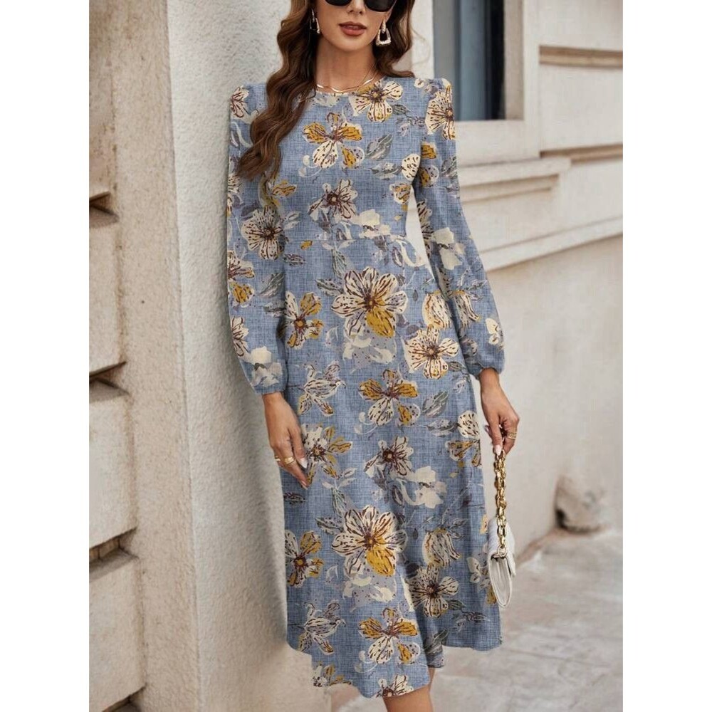 Blue Floral Long Sleeve Dress Modest Prairie Office Casual Midi Length Church